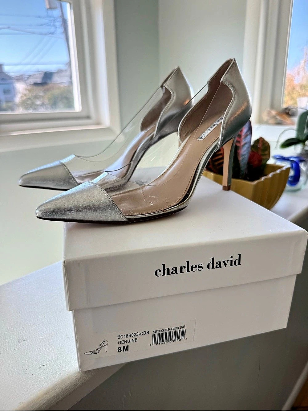 Charles David “Genuine” Silver Clear PVC Metallic Leather Pumps Heels 8M